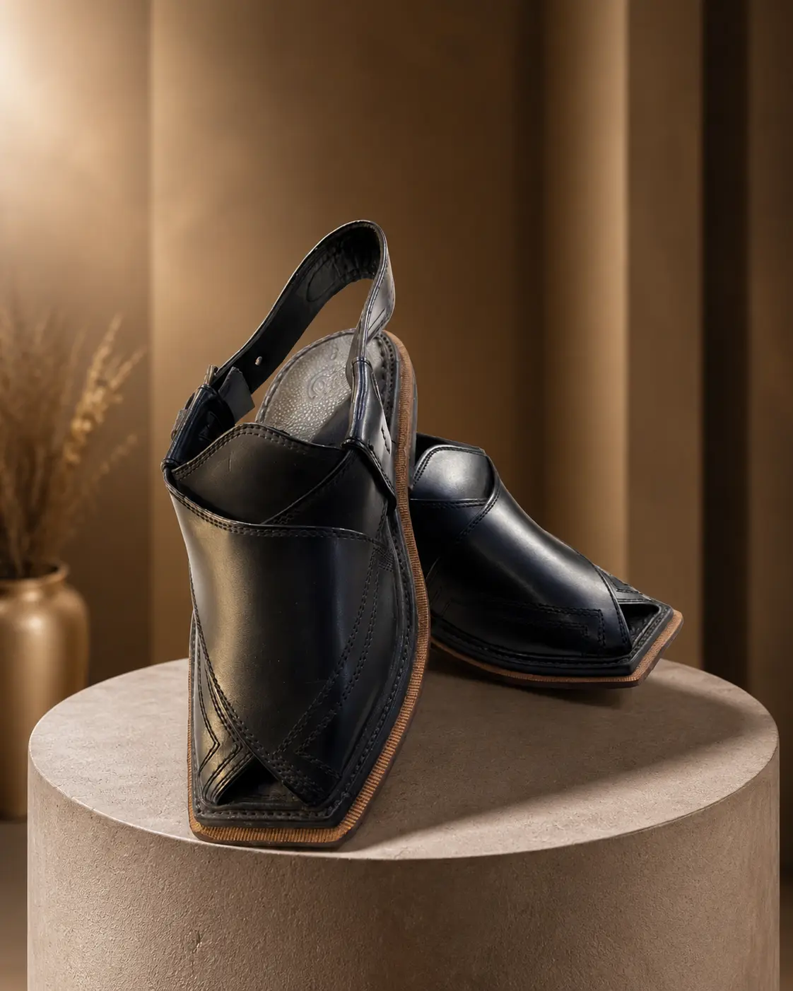 Black Leather Peshawari Chappal