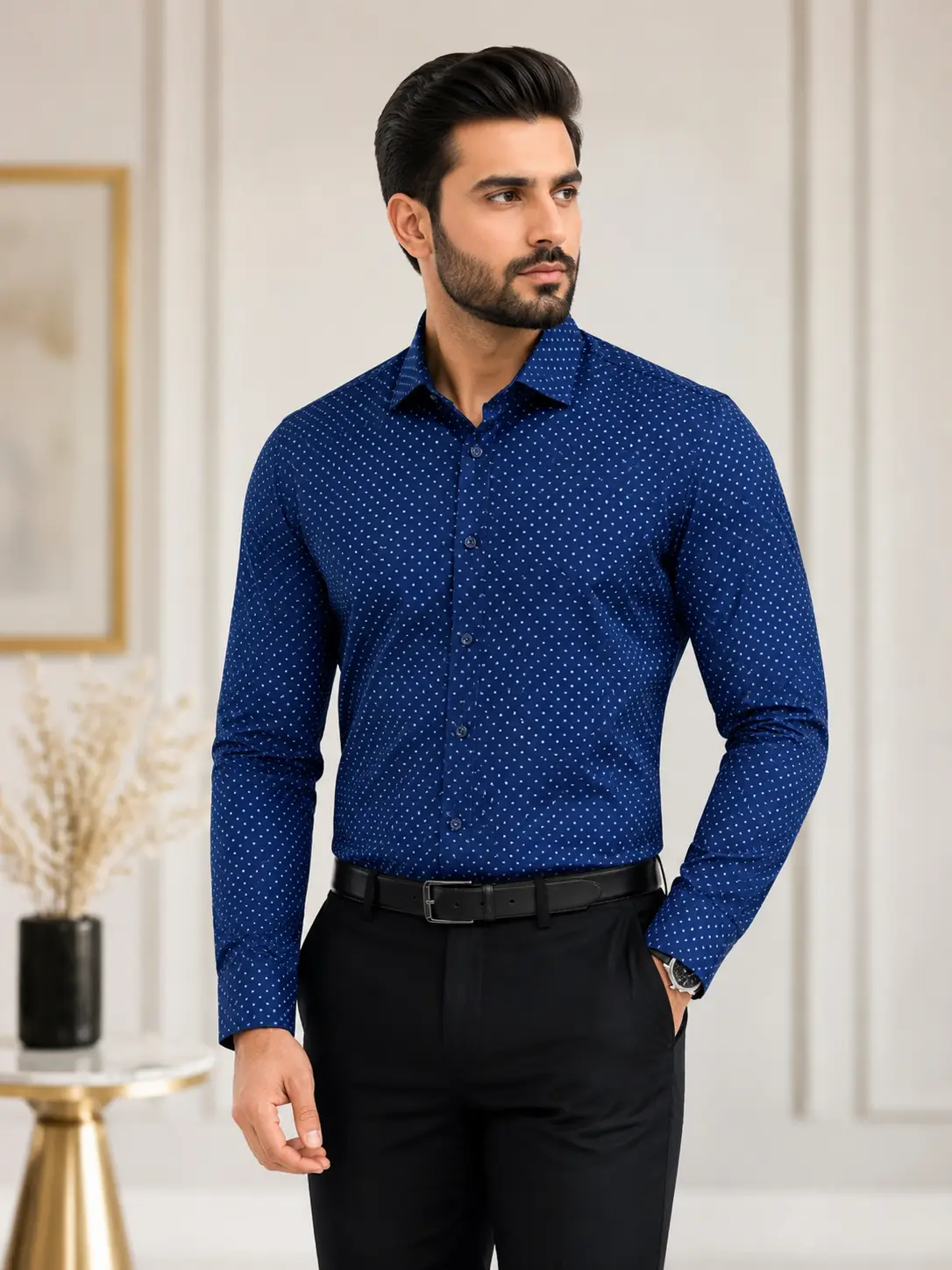 Men’s Slim Fit Navy Blue Polka Dot Formal Shirt