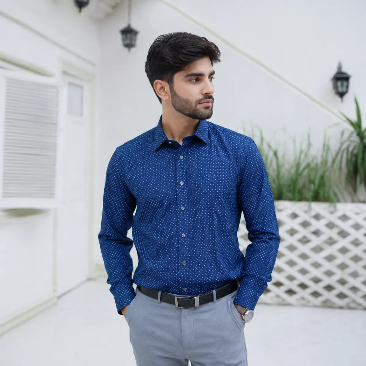 Men’s Slim Fit Navy Blue Polka Dot Formal Shirt - Casual Shirts