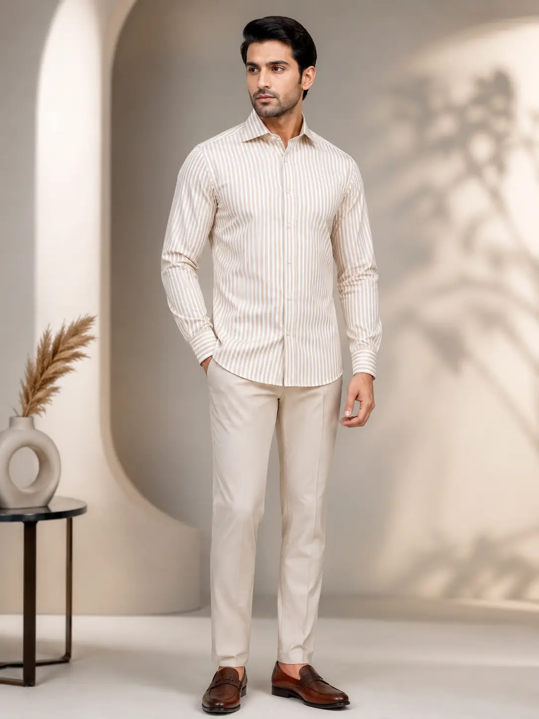 Men’s Regular Fit Beige Stripe Formal Shirt – alternate view