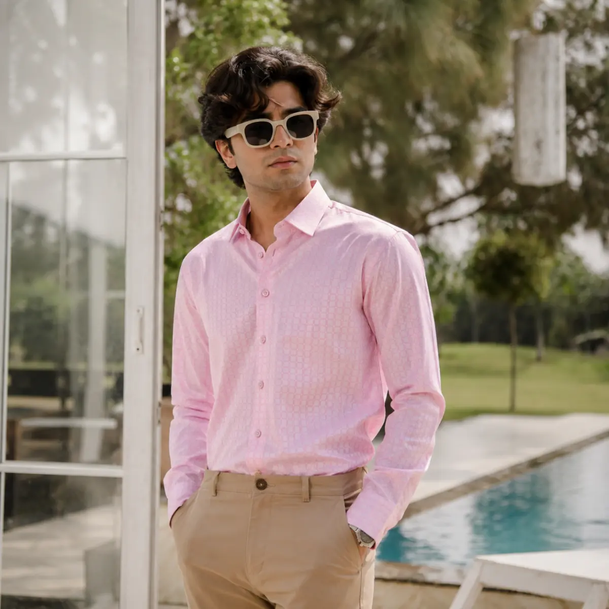 Men’s Slim Fit Light Pink Textured Formal Shirt - Casual Shirts