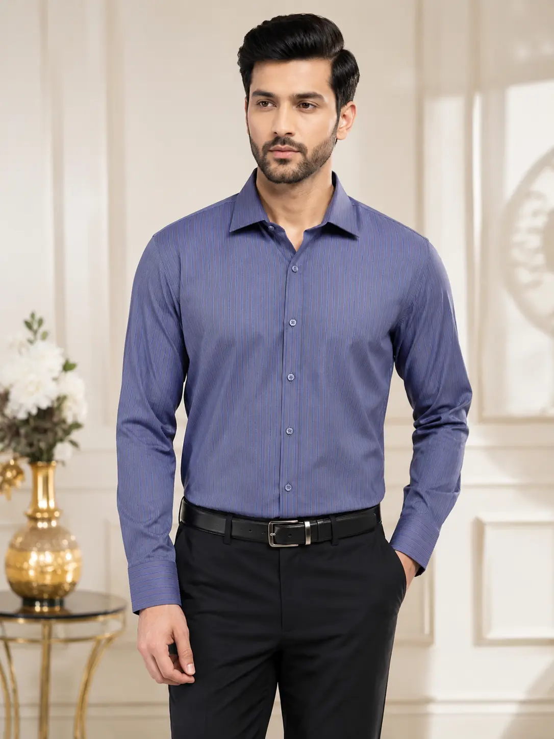 Men’s Slim Fit Pinstripe Formal Shirt Purple & Blue - Shirts