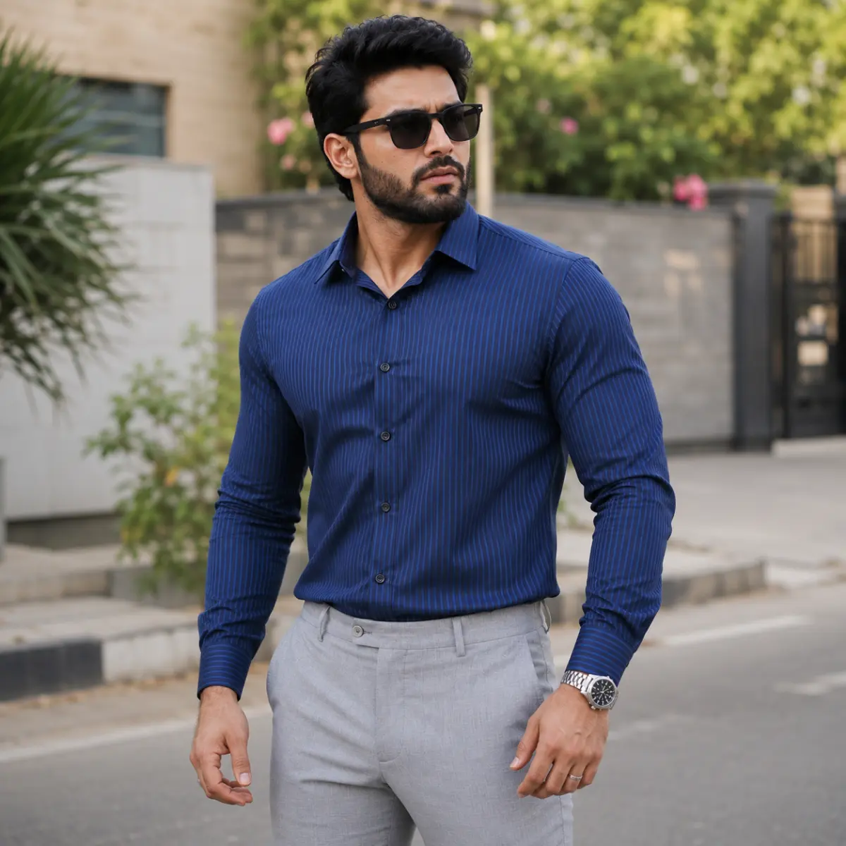 Men’s Regular Fit Navy Blue Stripe Formal Shirt