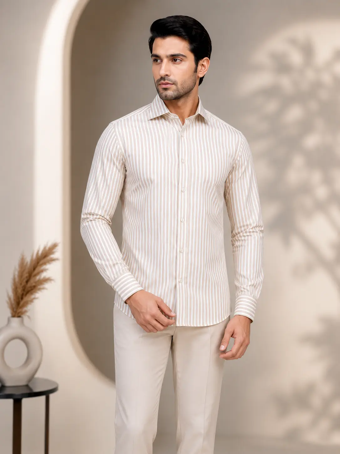 Men’s Regular Fit Beige Stripe Formal Shirt