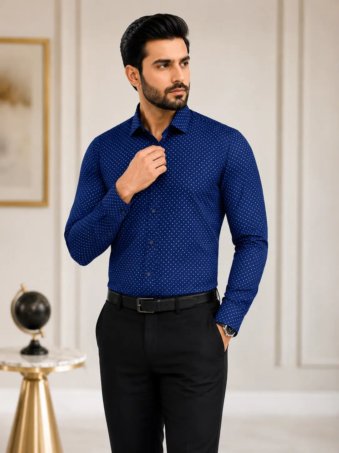 Men’s Slim Fit Navy Blue Polka Dot Formal Shirt – alternate view