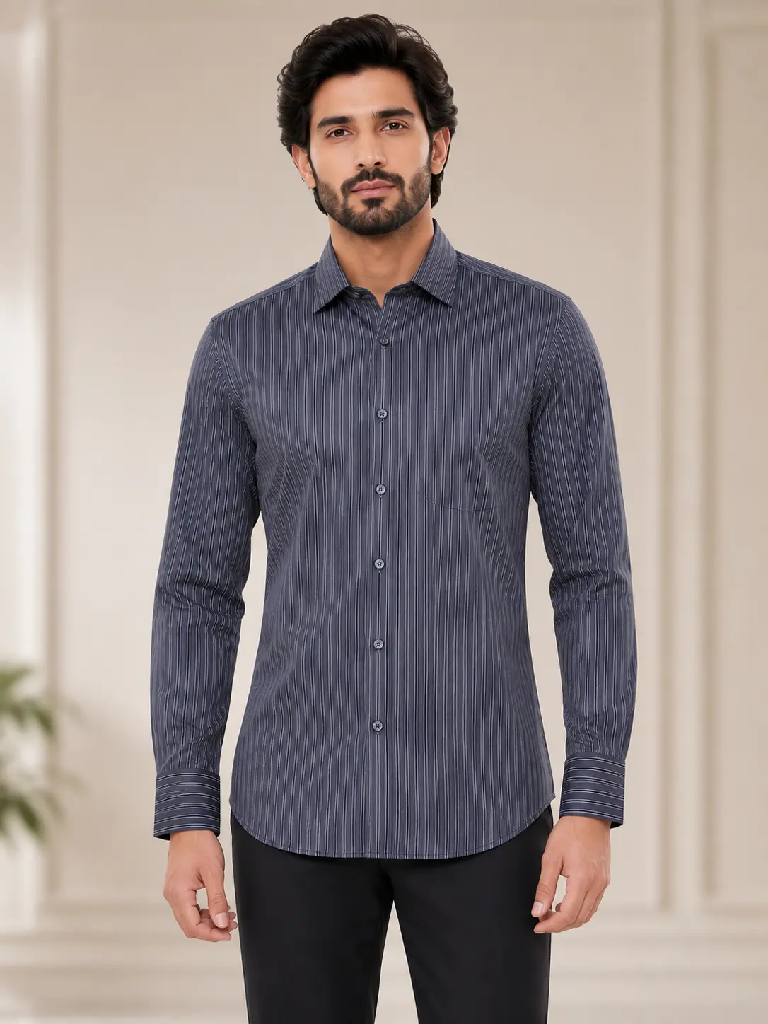 Men’s Regular Fit Striped Formal Shirt Charcoal Grey - Shirts
