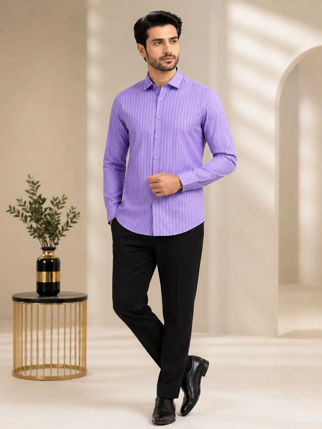 Men’s Slim Fit Striped Formal Shirt Lilac - Shirts