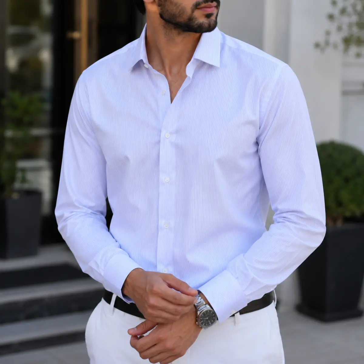 Men’s Slim Fit White Self-Stripe Formal Shirt - Formal Shirts