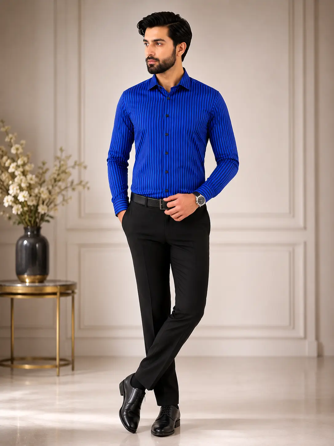 Men’s Slim Fit Royal Blue Stripe Formal Shirt - Shirts
