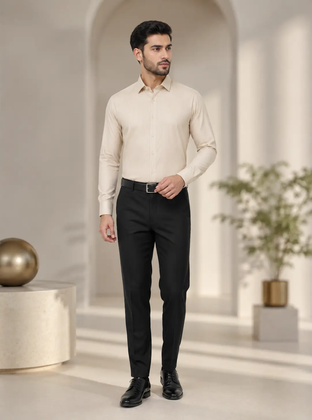 Men’s Regular Fit Cream Self-Stripe Formal Shirt