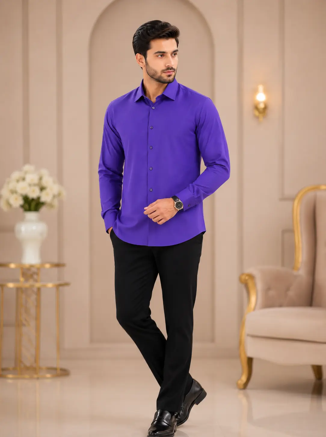 Men’s Regular Fit Solid Purple Formal Shirt – alternate view