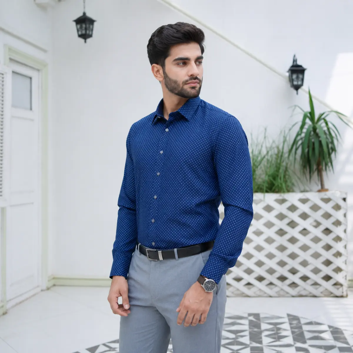 Men’s Slim Fit Navy Blue Polka Dot Formal Shirt