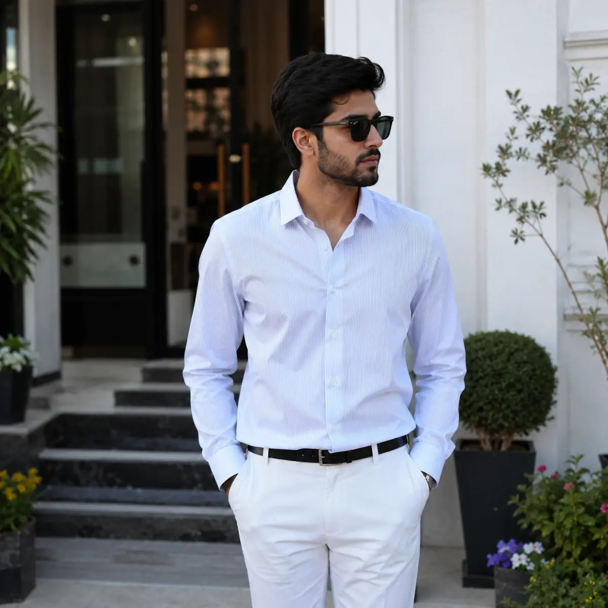 Men’s Slim Fit White Self-Stripe Formal Shirt - Formal Shirts