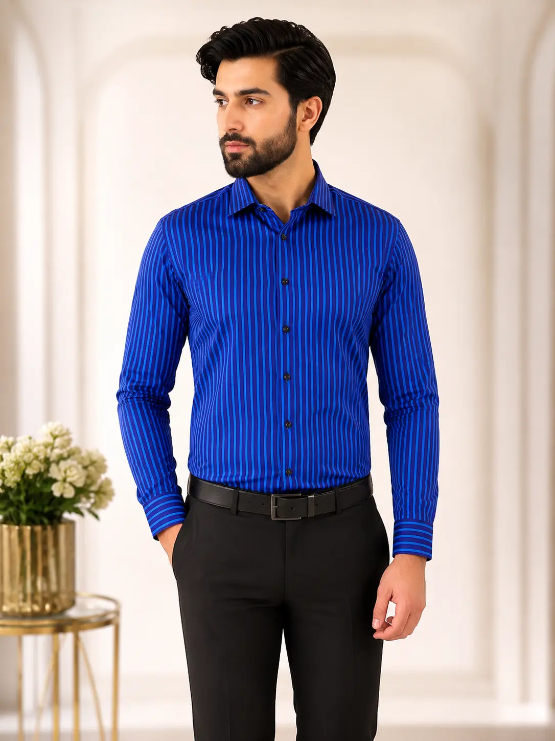 Men’s Slim Fit Royal Blue Stripe Formal Shirt - Shirts