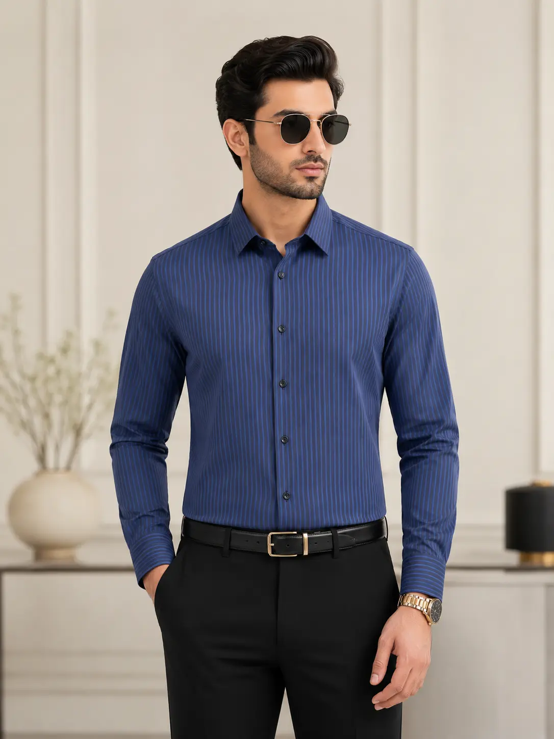 Men’s Regular Fit Navy Blue Stripe Formal Shirt