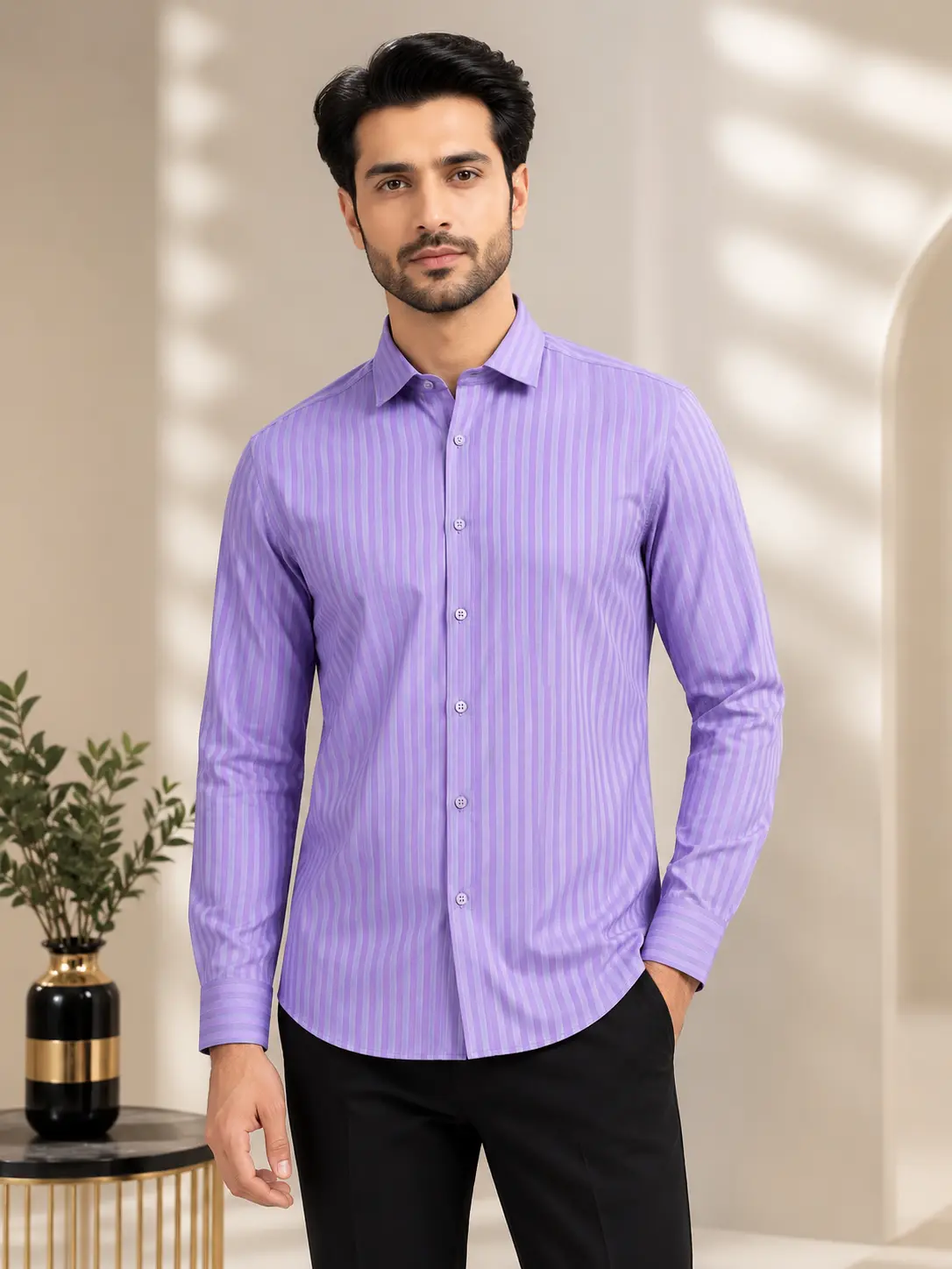 Men’s Slim Fit Striped Formal Shirt Lilac - Shirts