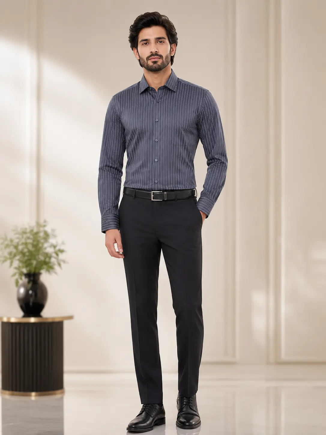 Men’s Regular Fit Striped Formal Shirt Charcoal Grey - Shirts