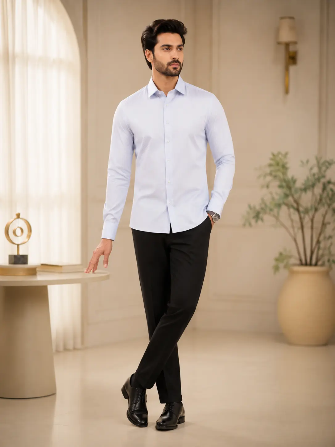 Men’s Slim Fit White Self-Stripe Formal Shirt
