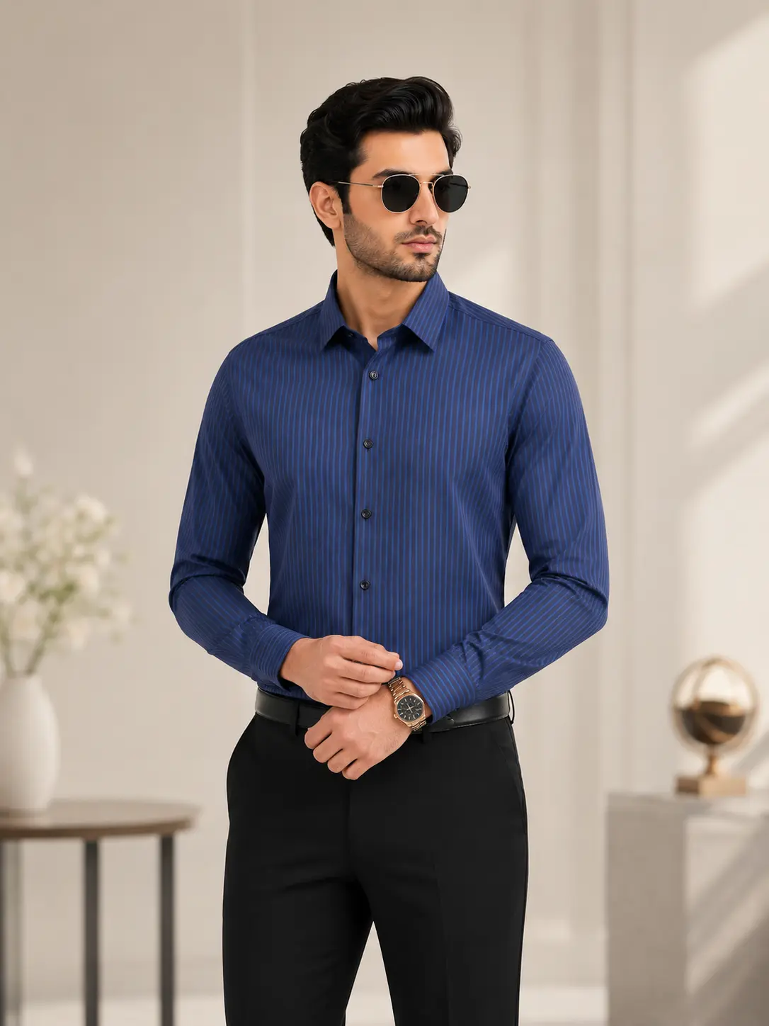 Men’s Regular Fit Navy Blue Stripe Formal Shirt – alternate view