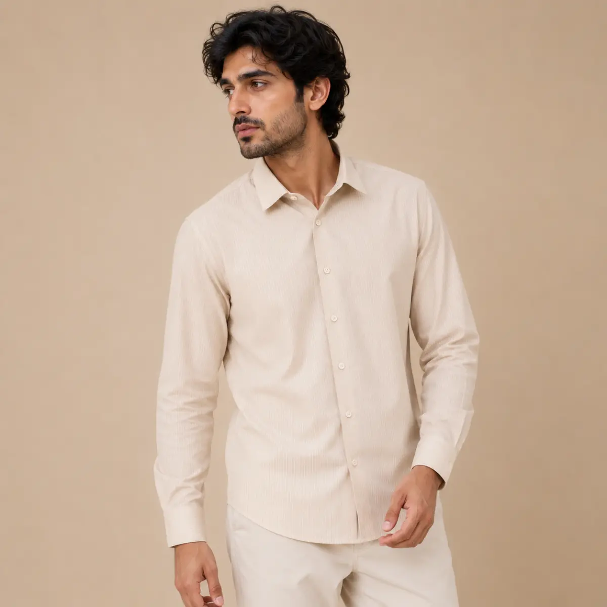 Men’s Regular Fit Cream Self-Stripe Formal Shirt