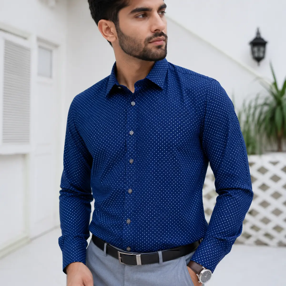 Men’s Slim Fit Navy Blue Polka Dot Formal Shirt