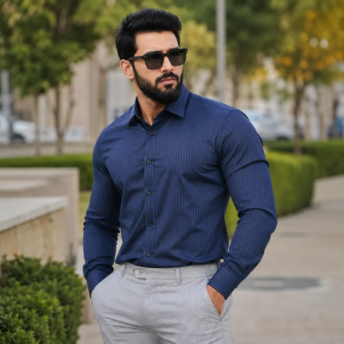 Men’s Regular Fit Navy Blue Stripe Formal Shirt - Formal Shirts
