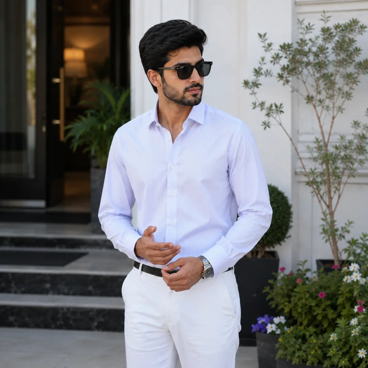 Men’s Slim Fit White Self-Stripe Formal Shirt