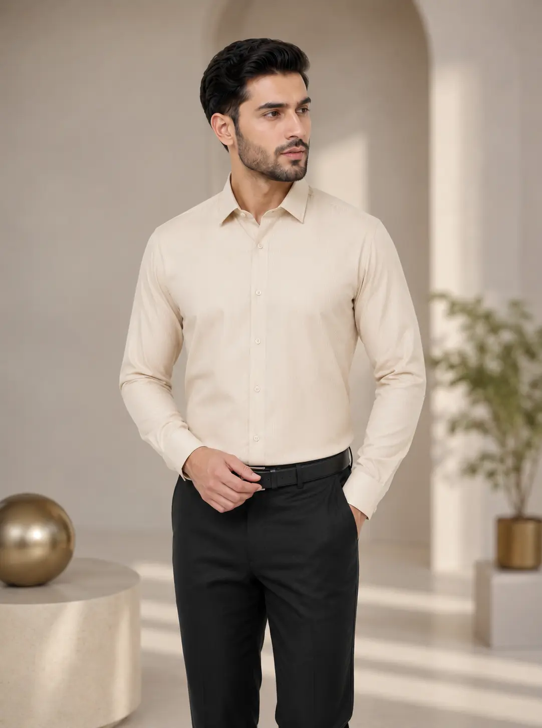 Men’s Regular Fit Cream Self-Stripe Formal Shirt – alternate view
