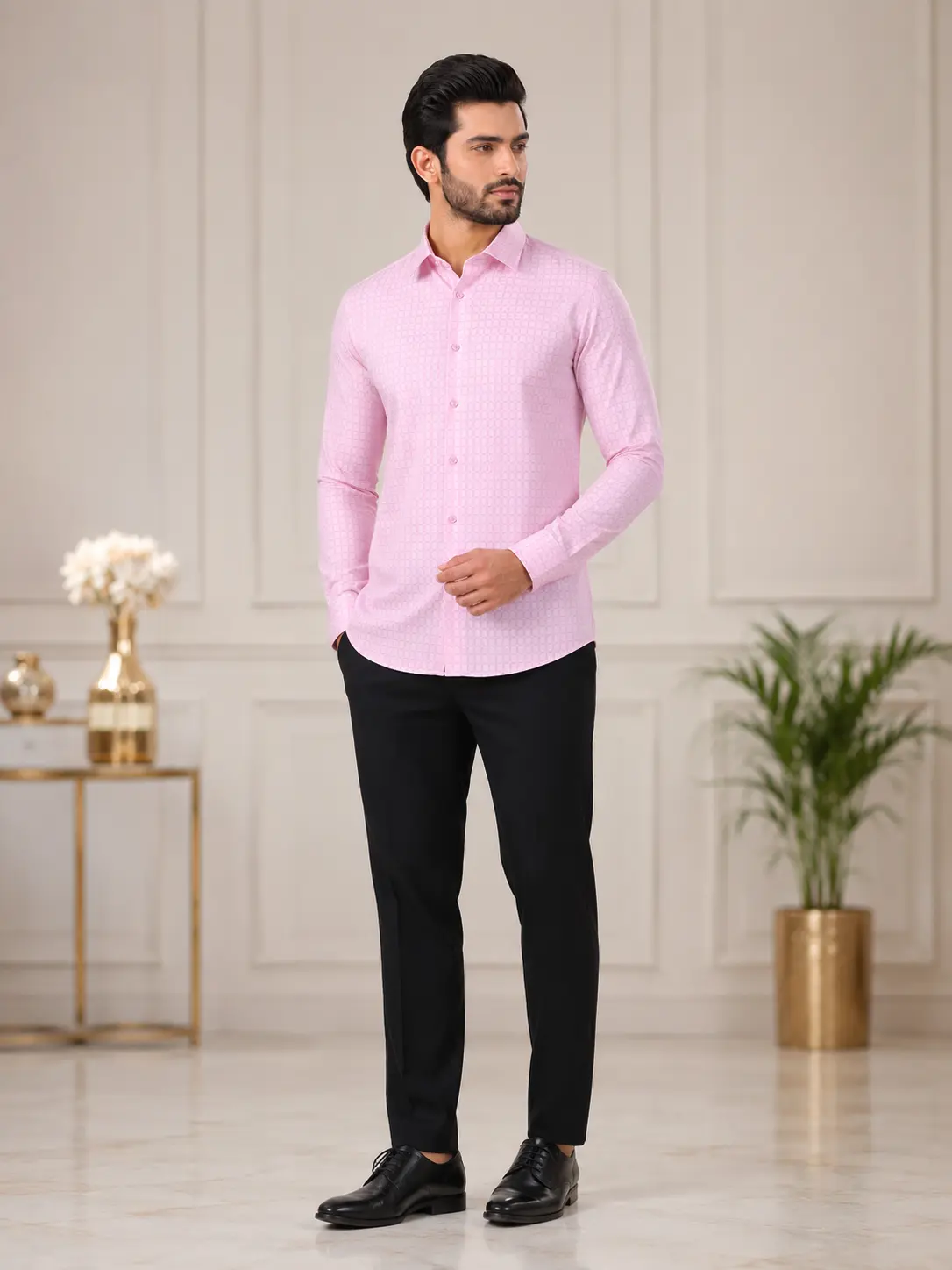 Men’s Slim Fit Light Pink Textured Formal Shirt