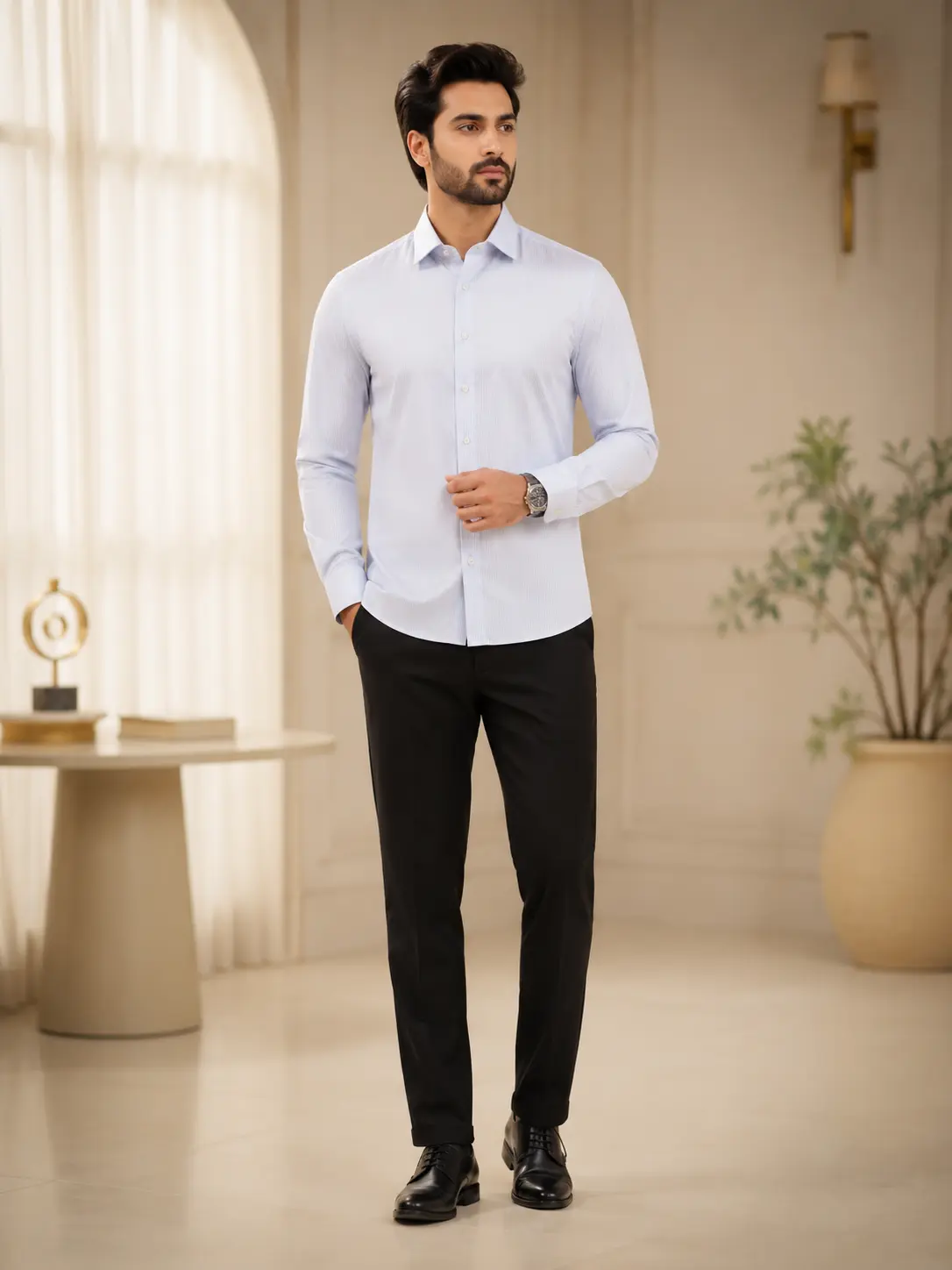 Men’s Slim Fit White Self-Stripe Formal Shirt – alternate view