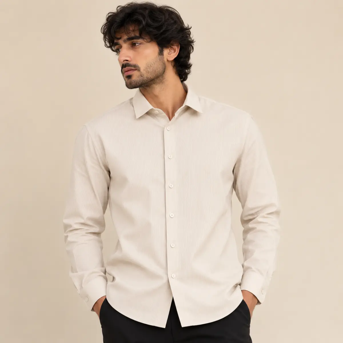 Men’s Regular Fit Cream Self-Stripe Formal Shirt