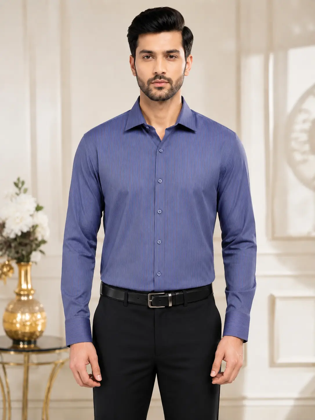 Men’s Slim Fit Pinstripe Formal Shirt Purple & Blue - Shirts