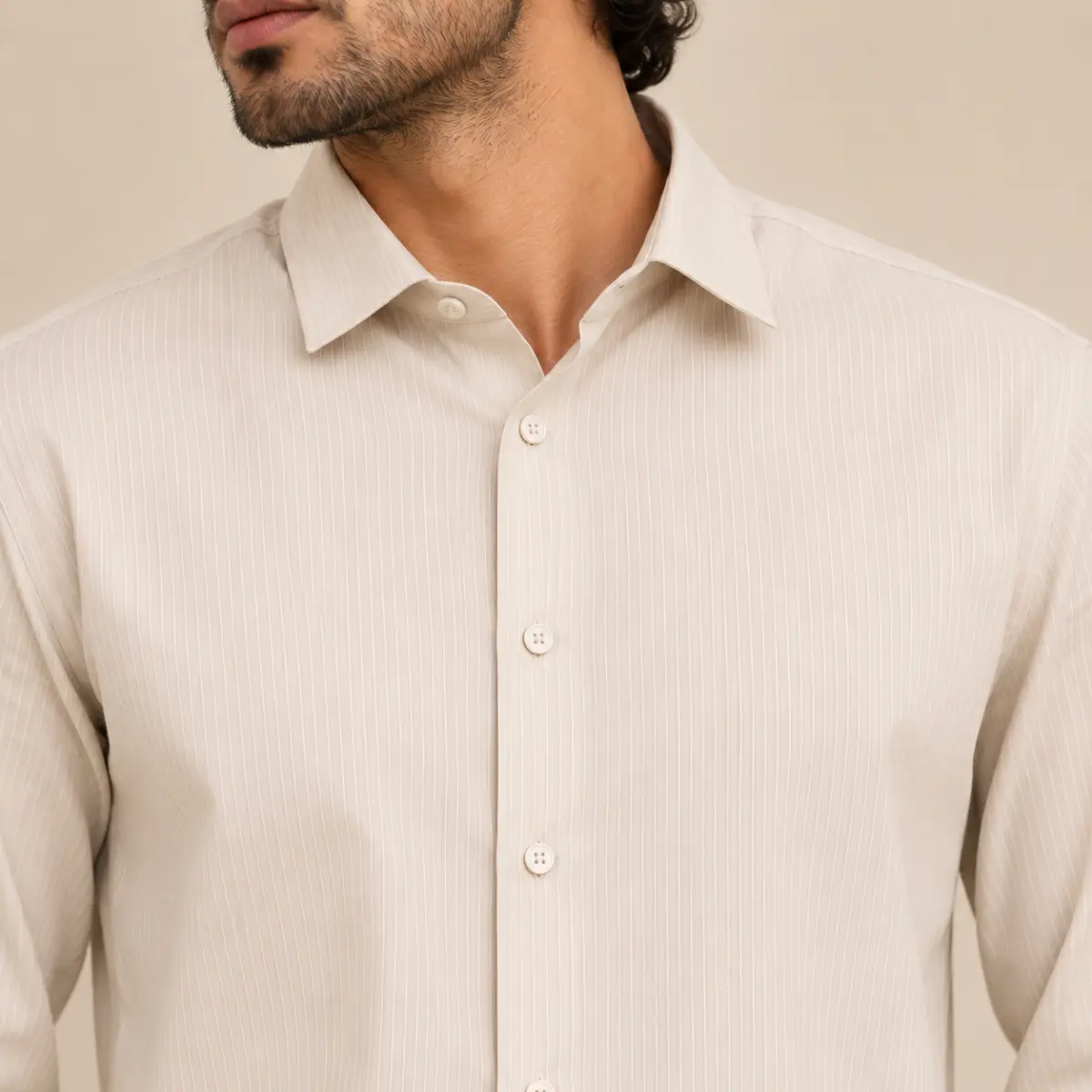 Men’s Regular Fit Cream Self-Stripe Formal Shirt - Formal Shirts