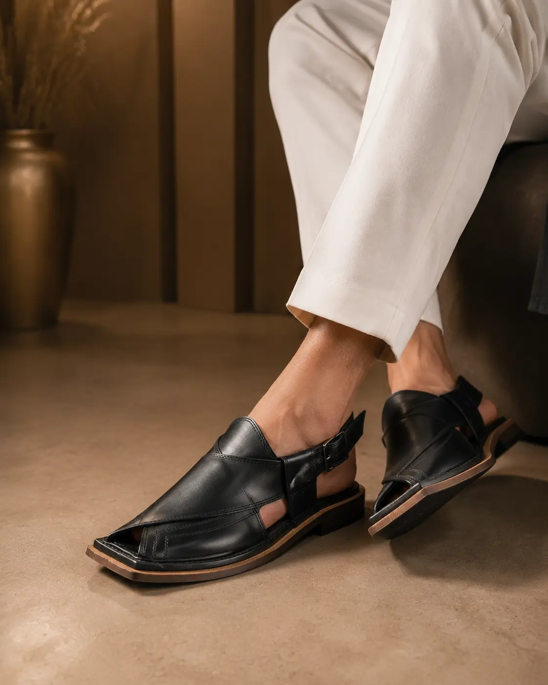 Black Leather Peshawari Chappal - Essentials